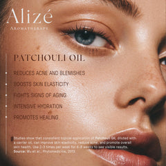 USDA Organic patchouli oil by Alizé Aromatherapy for eco-friendly diffusing.