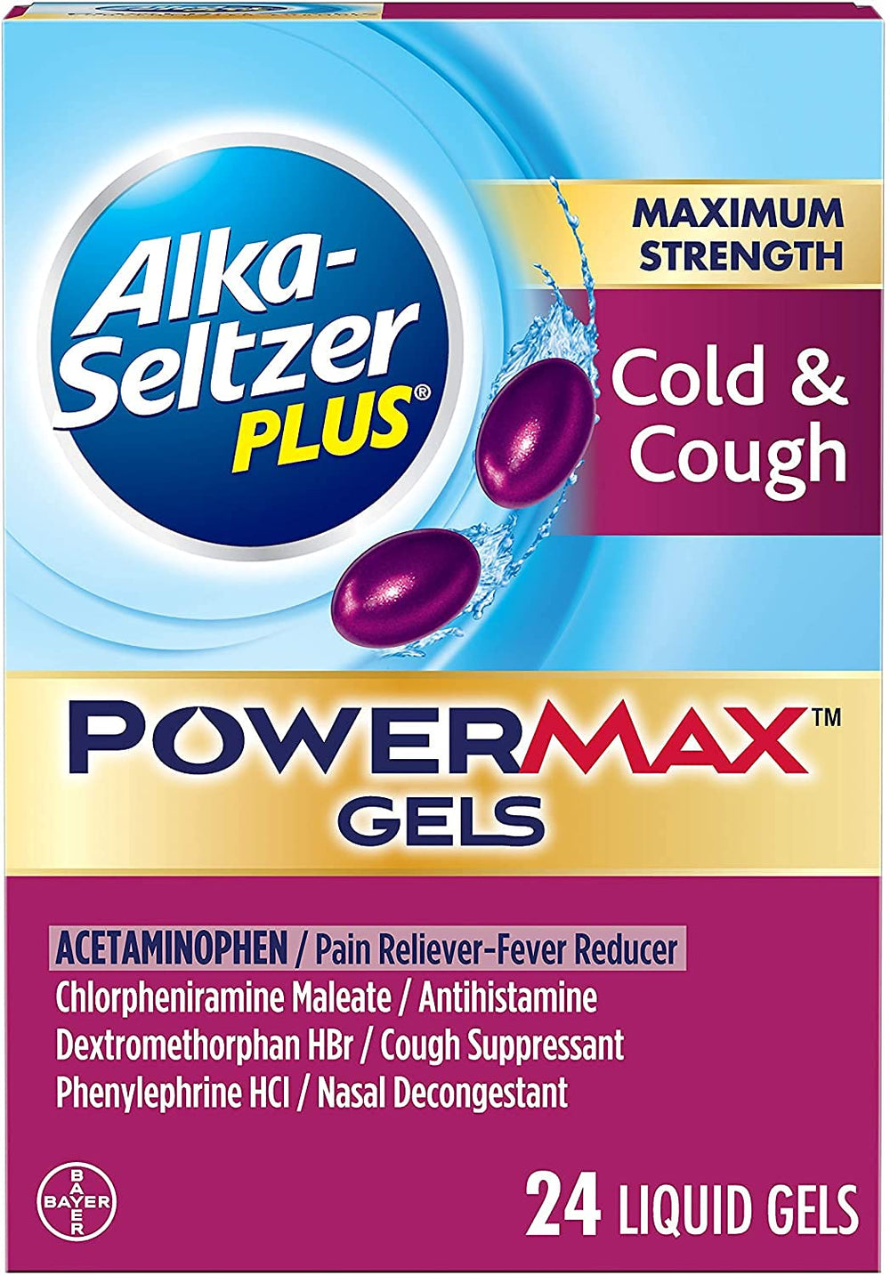 Alka-Seltzer Plus PowerMAX Gel bottle; multi-symptom relief for cold and cough symptoms
