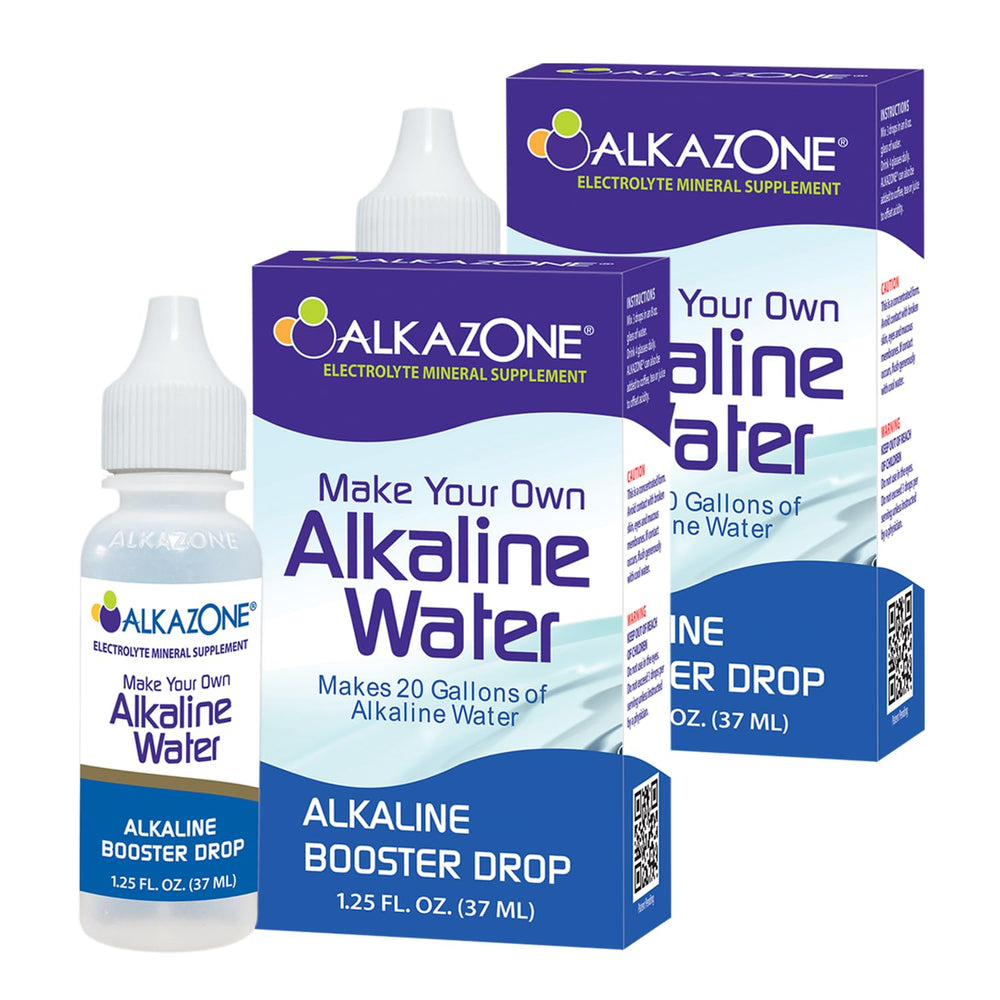 Alkazone alkaline booster drop bottle closeup highlighting mineral blend for daily hydration.