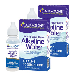 Alkazone alkaline booster drop bottle closeup highlighting mineral blend for daily hydration.
