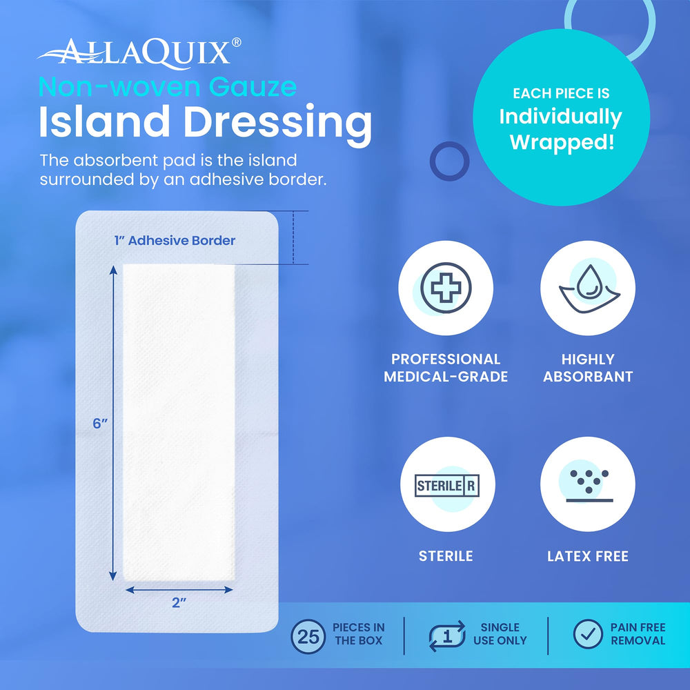 AllaQuix basic gauze dressing central pad 2x6 protects wounds while absorbing drainage.
