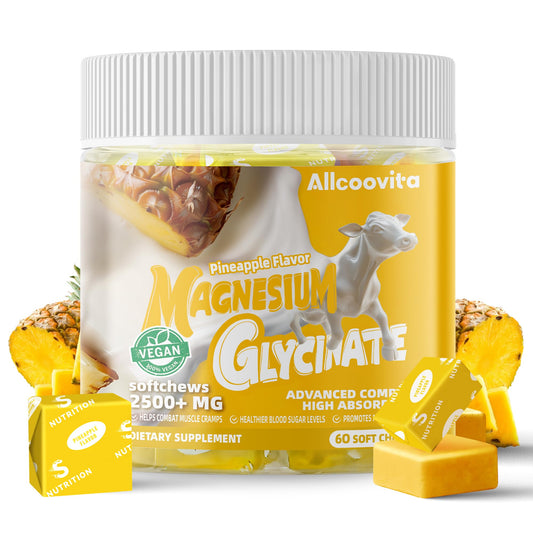 Allcoovita magnesium glycinate soft chews pineapple bottle on shelf for daily wellness.