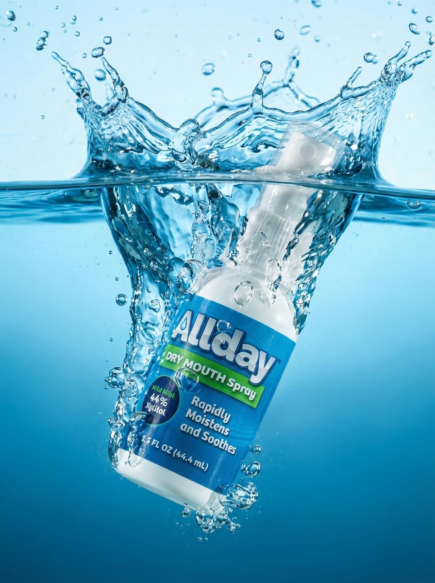 Allday Dry Mouth Spray mist output demonstrates fast acting hydration.