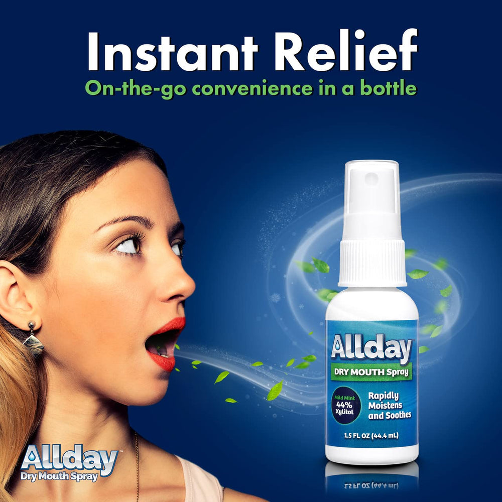 Allday Dry Mouth Spray neutral pH communicates gentle oral care.