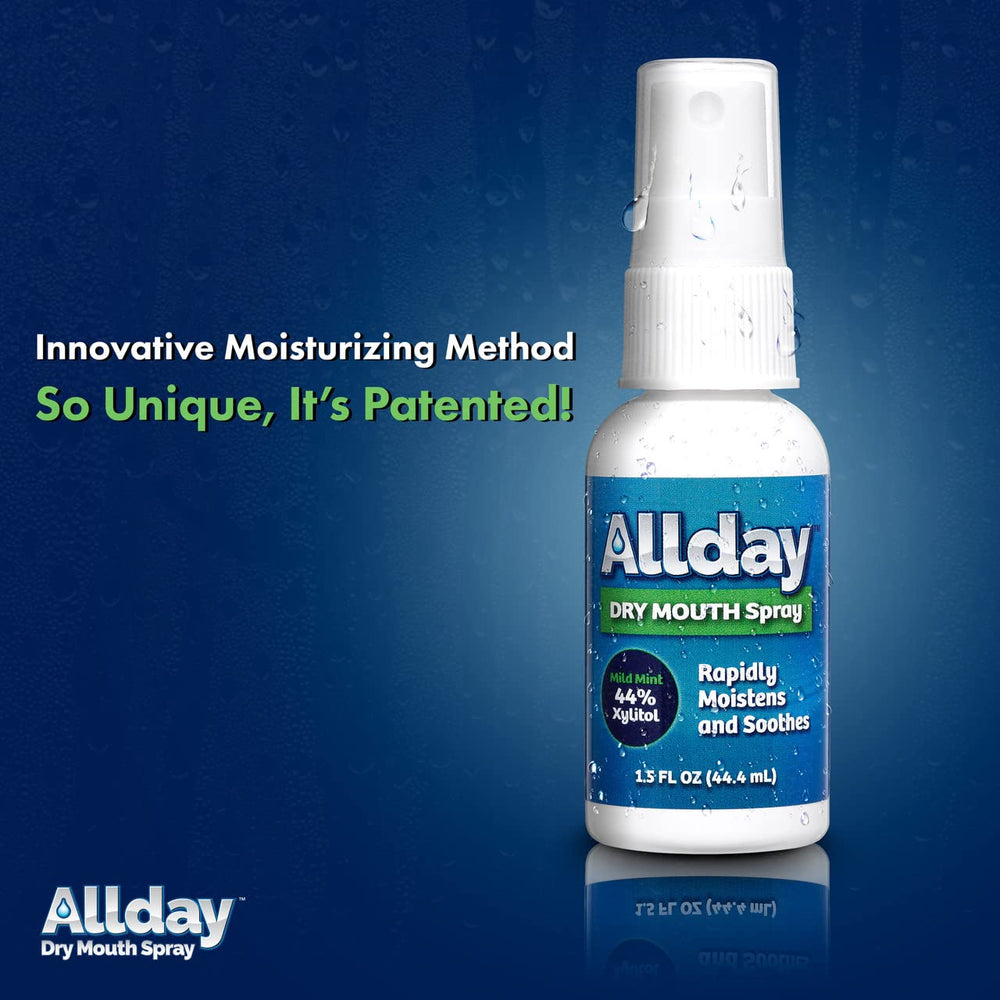 Allday Dry Mouth Spray travel case demonstrates discreet, on-the-go use.