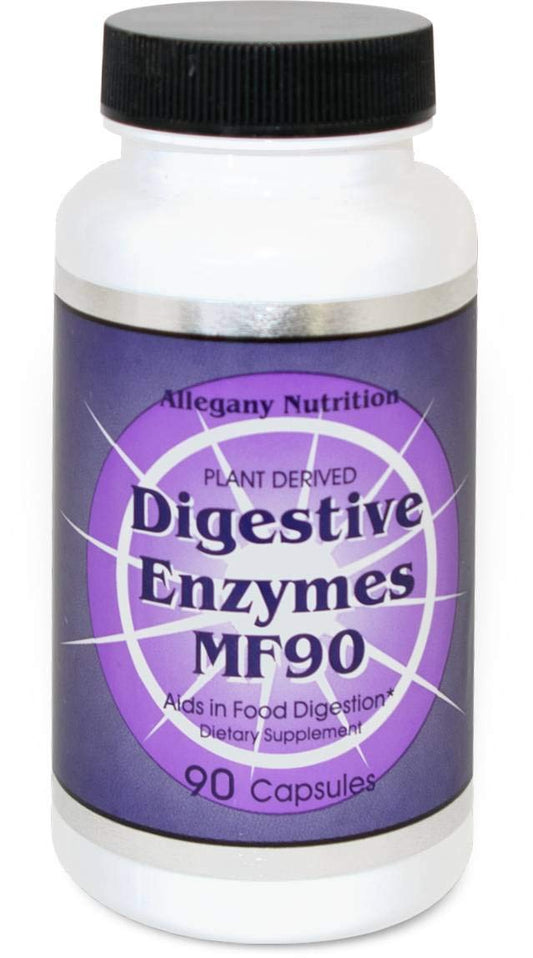 Allegany Nutrition MF90 Digestive Enzymes bottle close-up supports meal comfort.