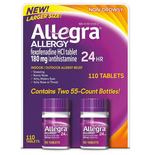 Allegra 24-Hour relief bottle shown for non-drowsy allergy relief.