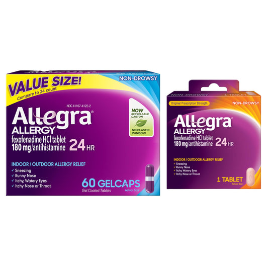 Allegra 24-hour relief gelcaps bottle shown for all-day allergy control during outdoor pollen season.