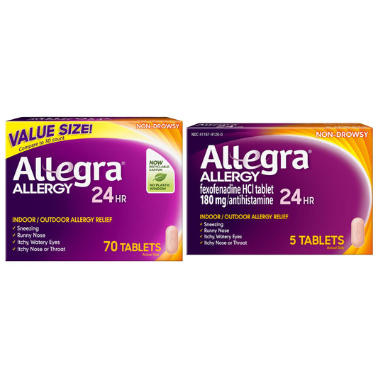 Allegra bottle front displaying branding and 24-hour relief promise.