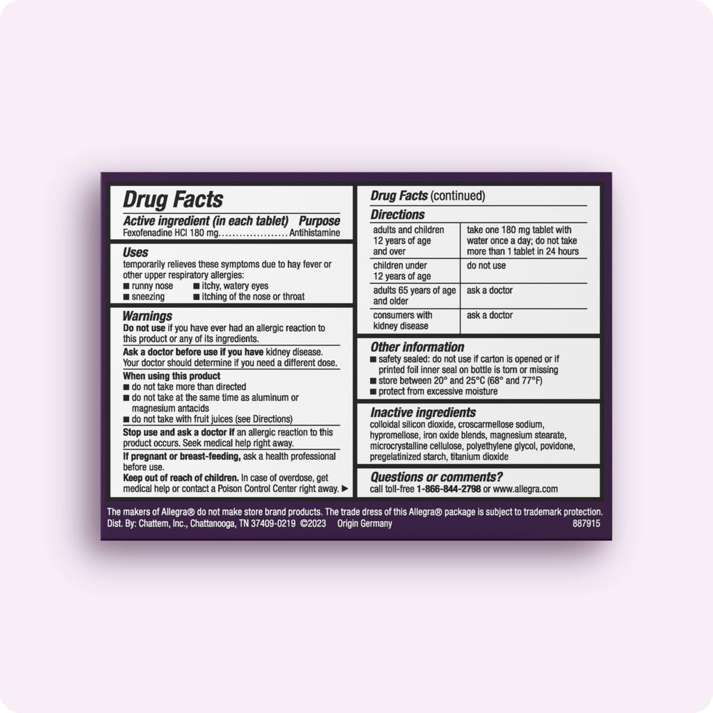 Allegra bottle label close-up highlights fexofenadine for fast relief