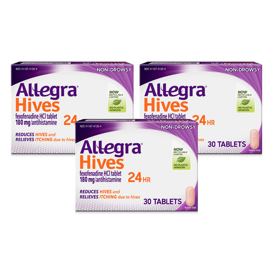 Allegra Hives three-pack box front highlights non-drowsy 24-hour hive relief.