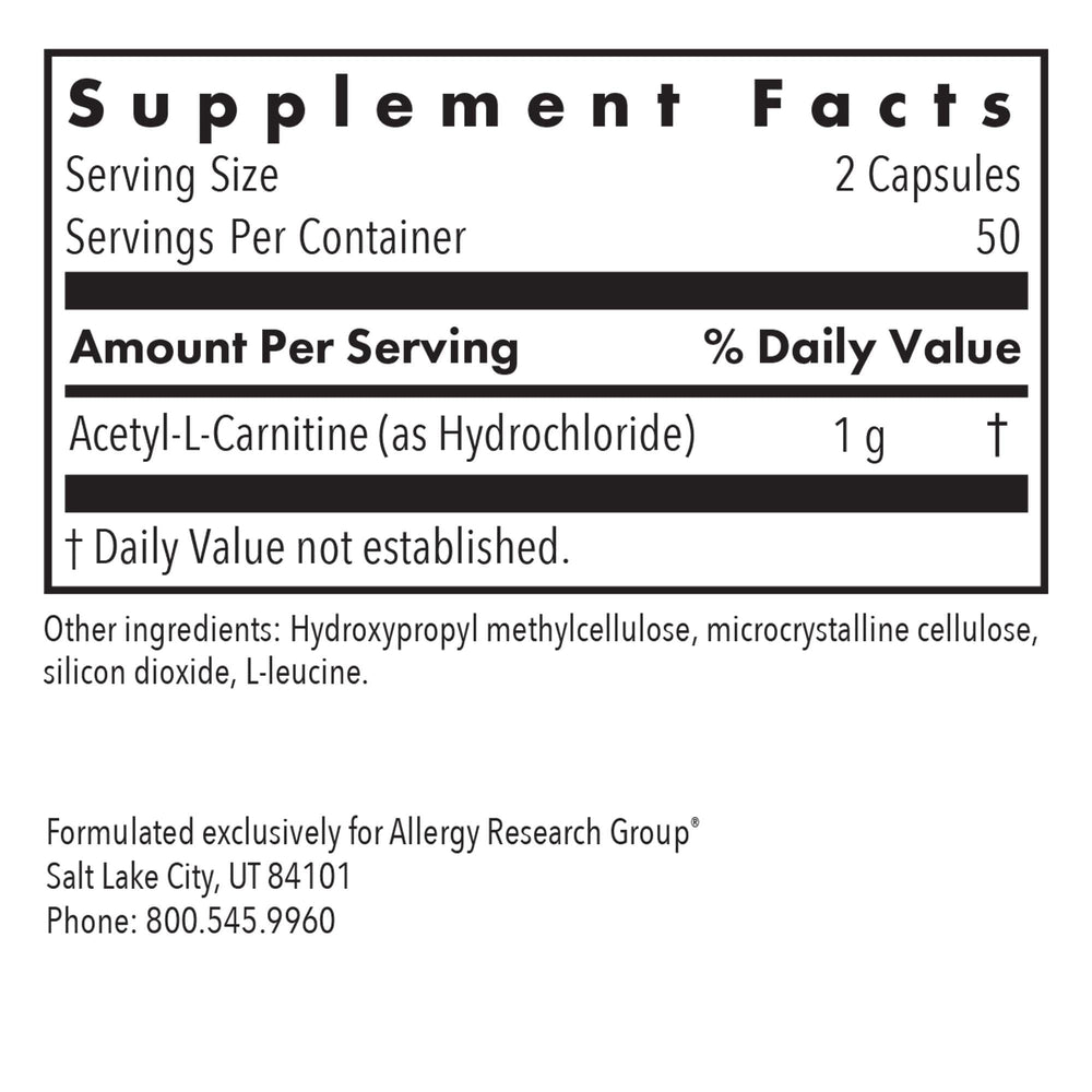 Allergy Research Group Acetyl-L-Carnitine label view shows transparency.