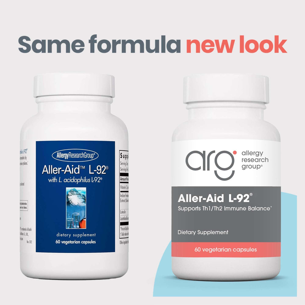 Close-up of the Aller-Aid L92 label highlighting boswellia and lactobacillus.