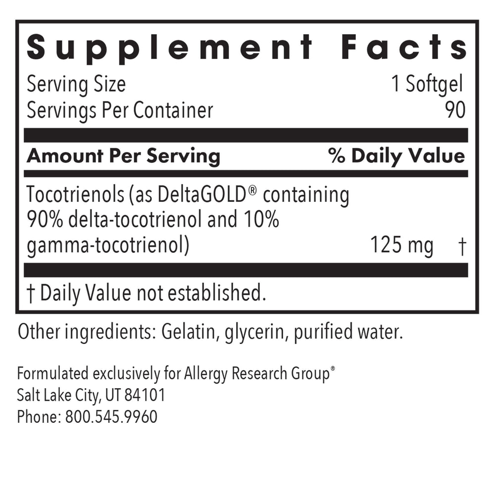 All Allergy Research Group annatto-derived tocotrienols ingredients label shows tocopherol-free formula.