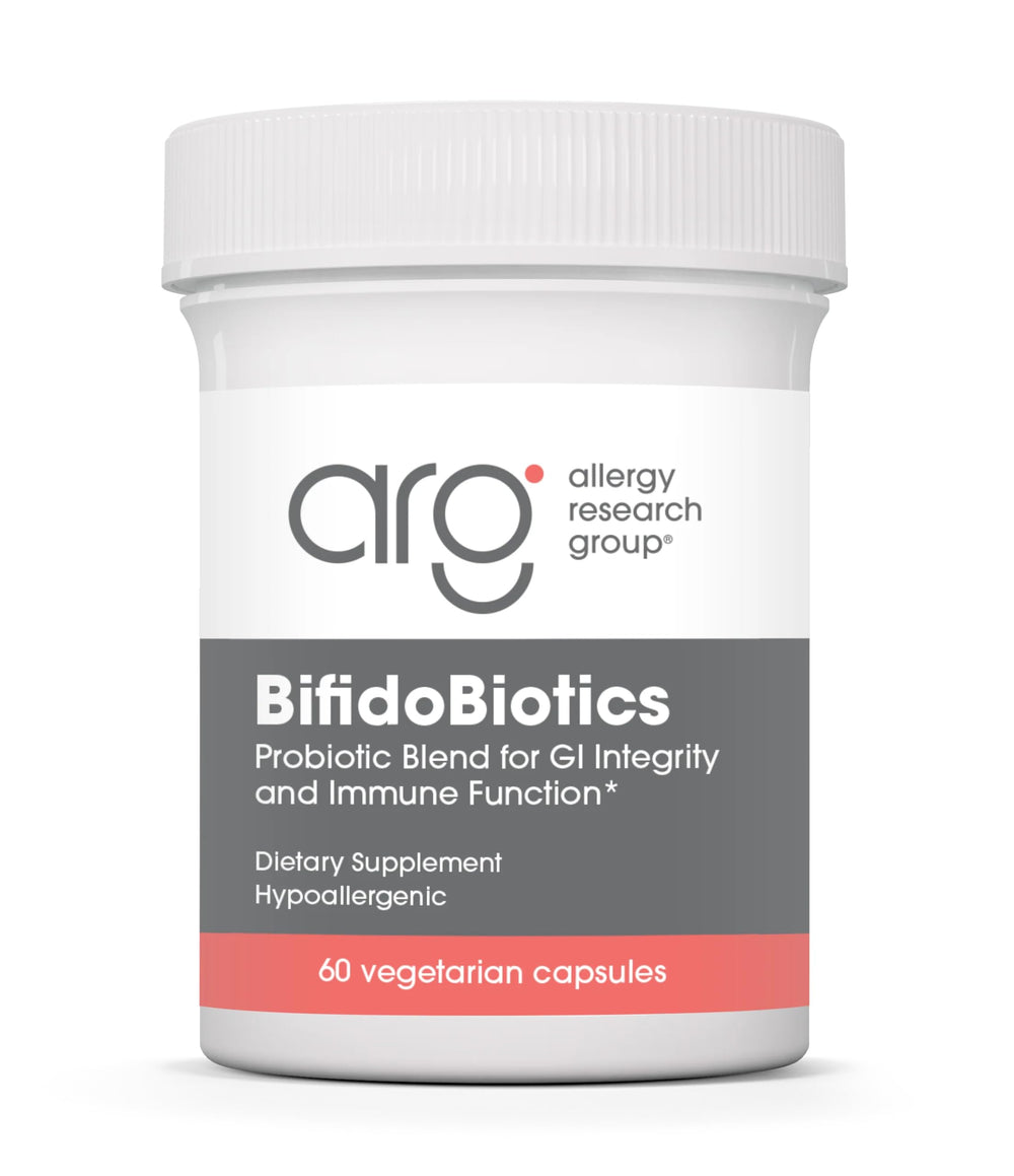 ARG BifidoBiotics bottle label highlights a dairy-free probiotic blend for balanced digestion.