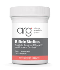ARG BifidoBiotics bottle label highlights a dairy-free probiotic blend for balanced digestion.