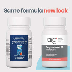 ARG Pregnenolone 50 mg close-up showing micronized particles for improved bioavailability.