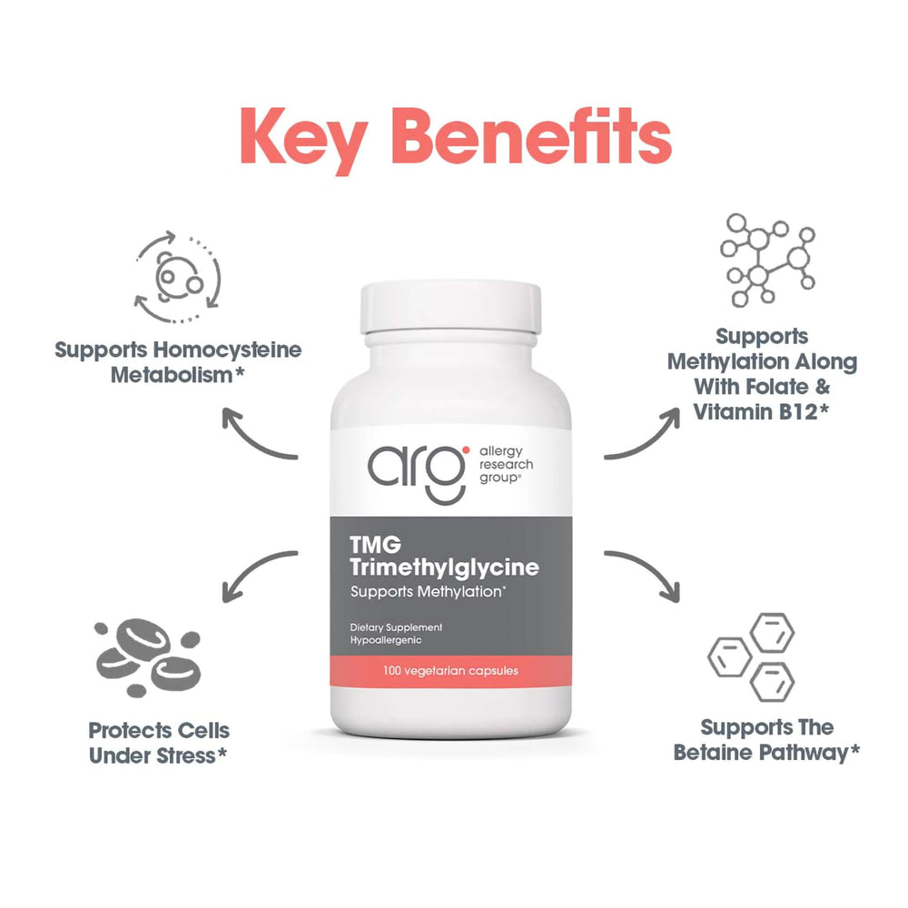 Allergy Research Group ARG TMG bottle with vegetarian-friendly formula symbol