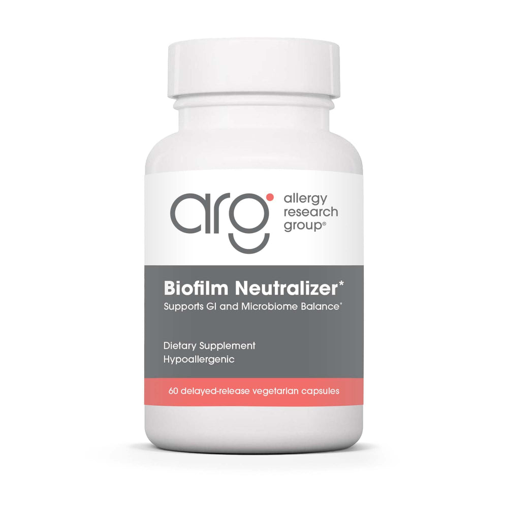 Allergy Research Group biofilm neutralizer bottle showing capsules for targeted biofilm support.