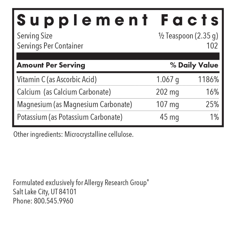 Allergy Research Group Buffered Vitamin C powder label highlights calcium and magnesium buffering