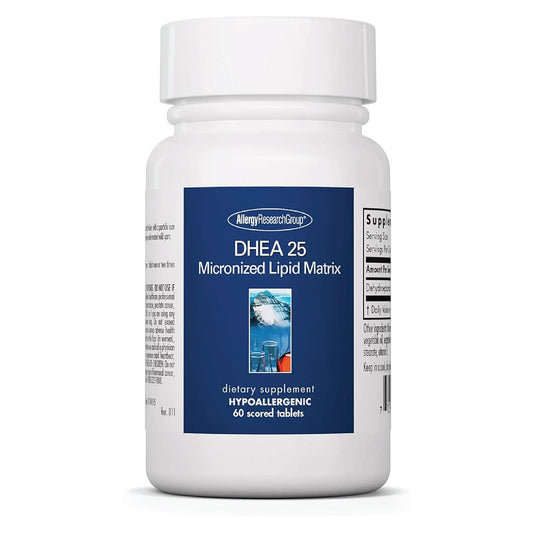 Allergy Research Group DHEA capsules on bottle, micronized lipid matrix for absorption