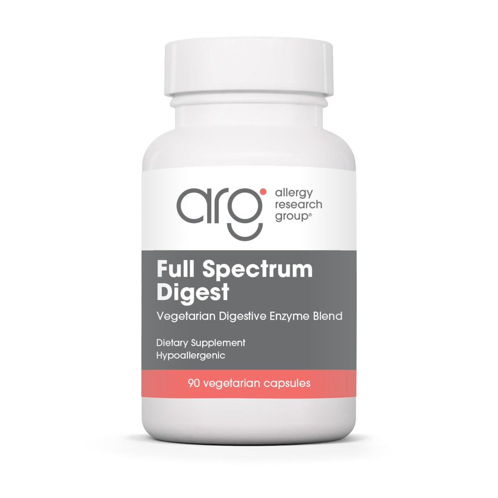 Allergy Research Group Full Spectrum Digest bottle highlighting gluten support and vegan enzymes.