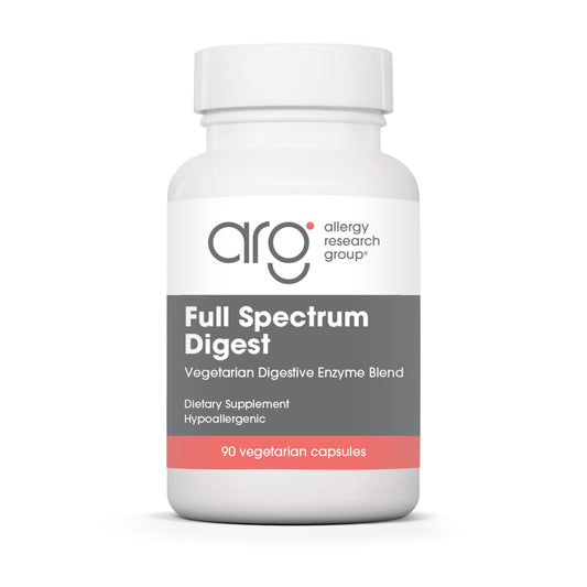 Allergy Research Group Full Spectrum Digest bottle highlighting gluten support and vegan enzymes.