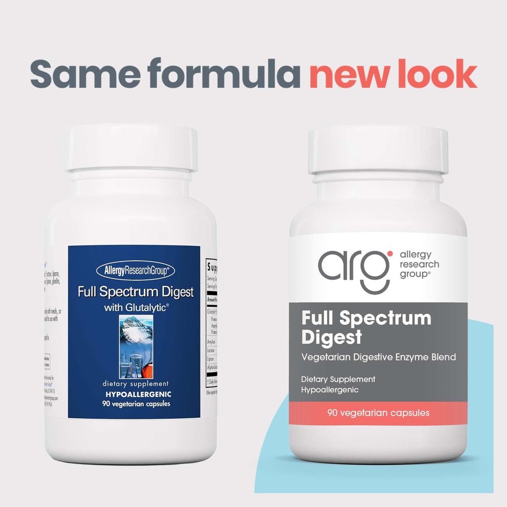 Allergy Research Group Full Spectrum Digest capsules shown for vegan enzyme blend supporting digestion.