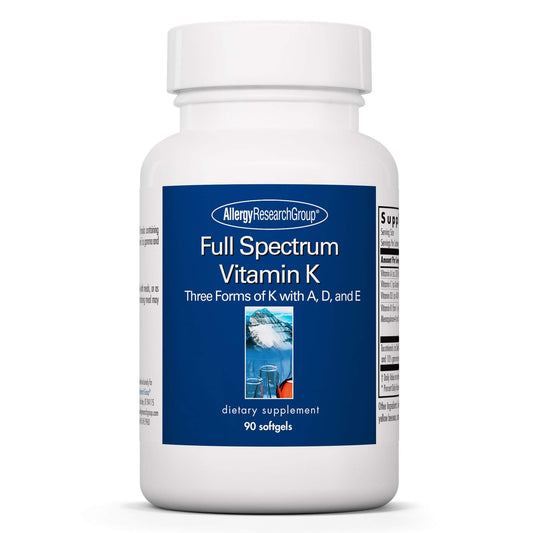 Allergy Research Group Full Spectrum Vitamin K bottle highlighting comprehensive K1, MK-4, MK-7 support for daily nutrition