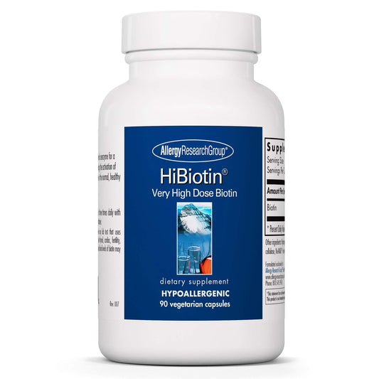 Allergy Research Group HiBiotin bottle cap close showing extra strength biotin for hair, skin, and nails