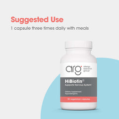 HiBiotin dosage card close-up indicates 1 capsule up to three times daily