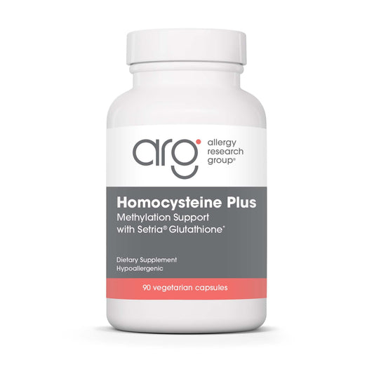 Allergy Research Group Homocysteine Plus bottle highlights Setria glutathione for potential cardiovascular support.