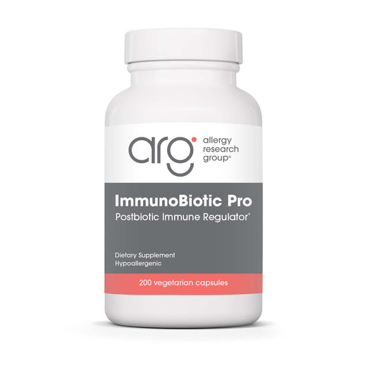 Allergy Research Group ImmunoBiotic Pro bottle label highlights gluten-free formulation for daily wellness.
