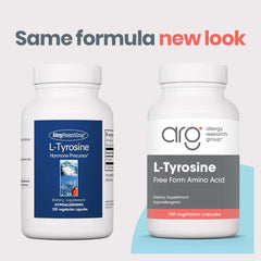 Allergy Research Group L-Tyrosine capsules closeup, highlighting high-purity free-form amino acid.