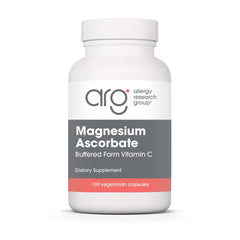 Allergy Research Group magnesium ascorbate bottle shows buffered vitamin C for stomach-friendly use