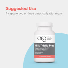 Allergy Research Group Milk Thistle Plus serving size and capsules arranged for daily digestive support