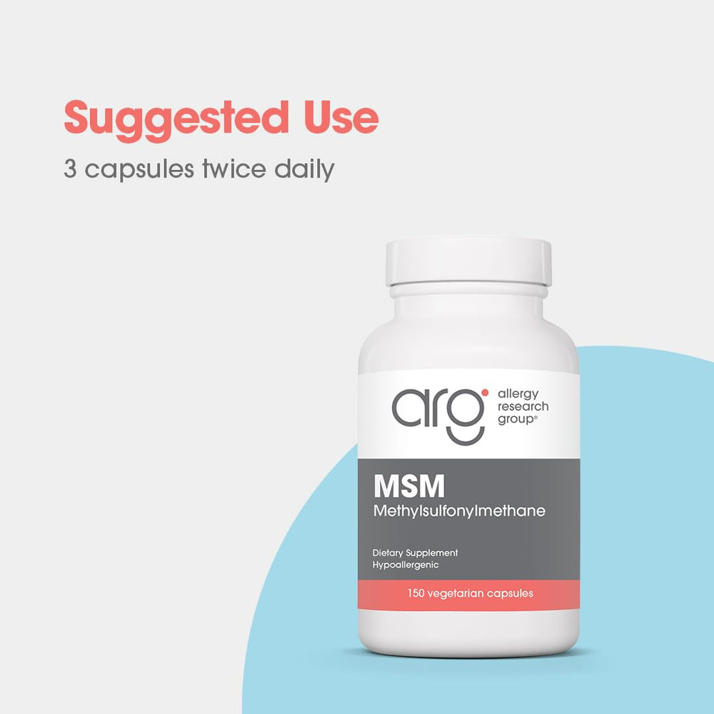 Allergy Research Group MSM serving scoop with capsules displayed for portion control.