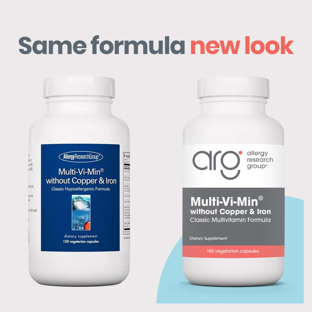 Allergy Research Group Multi-Vi-Min capsules show bioavailable nutrient forms.