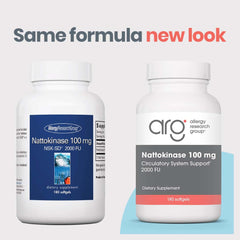 ARG Nattokinase 100mg label closeup highlighting NSK-SD and non-GMO fermented soybeans for quality