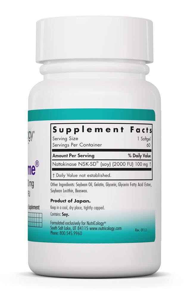 Close-up of NattoZyme label highlighting NSK-SD potency and non-GMO sourcing
