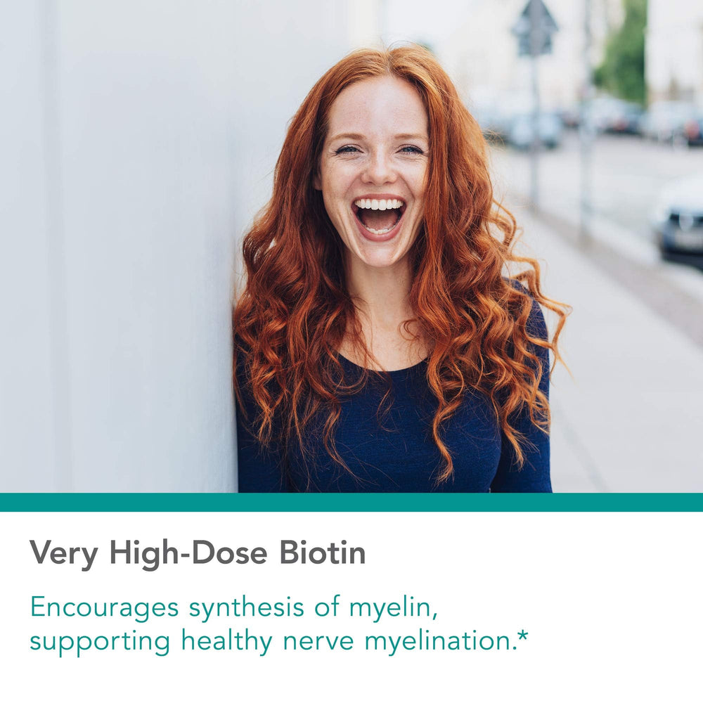 HiBiotin 100,000 mcg label on bottle emphasizes high-potency biotin for nerve and metabolic support