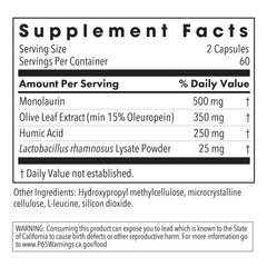 Ingredient panel of NutriCology Humic-Monolaurin Complex highlights key components