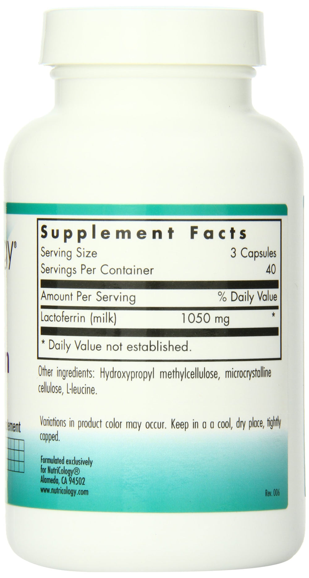 Nutricology lactoferrin label detail notes bovine colostrum lineage and hypoallergenic heritage.