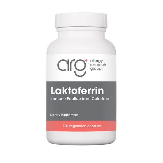 Allergy Research Group Nutricology lactoferrin supplement bottle supports iron binding and immune balance.