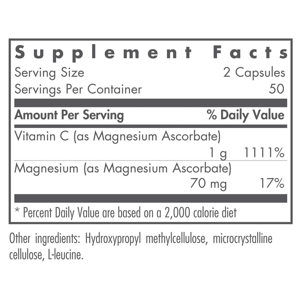 NutriCology Magnesium Ascorbate capsules close-up, a gentle non-acidic vitamin C option for daily use
