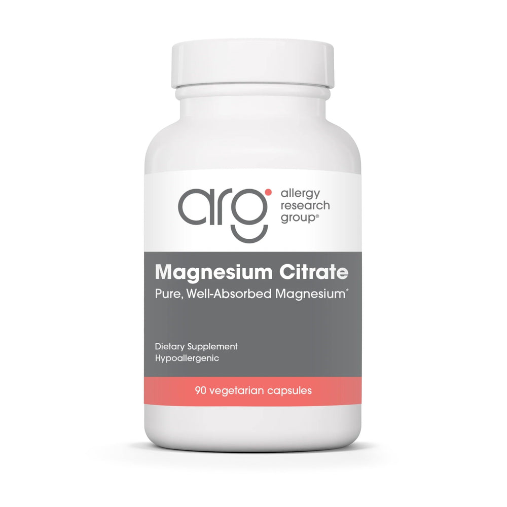 Allergy Research Group Nutricology Magnesium Citrate bottle highlighting gluten-free, hypoallergenic formula.