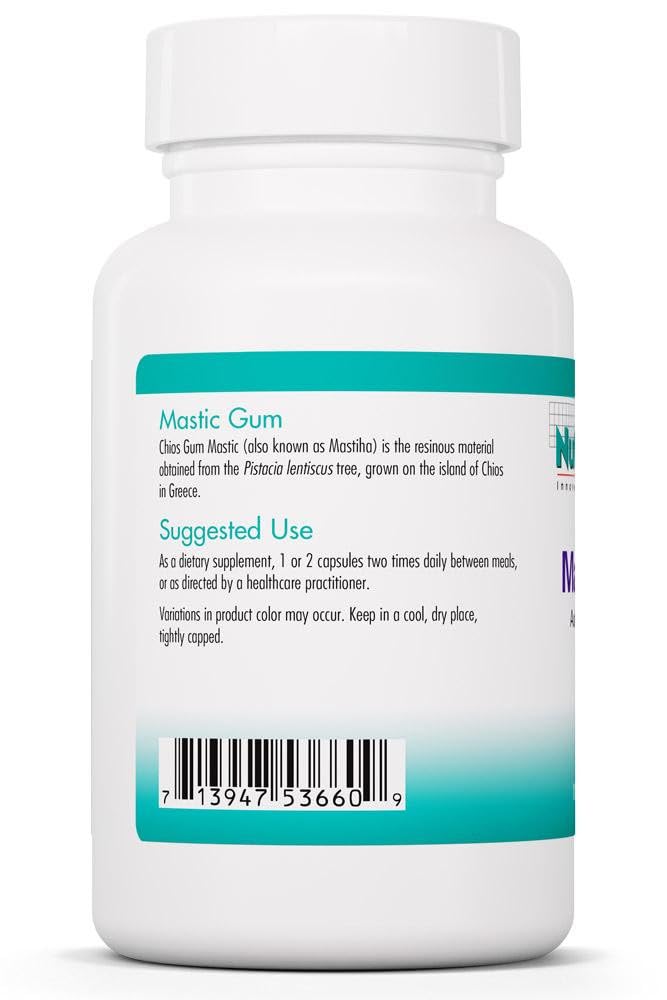 NutriCology mastic gum capsules closeup highlighting vegetarian, hypoallergenic digestive health support
