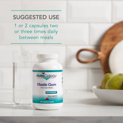 Shelf display showing 120 servings for easy daily use of NutriCology mastic gum