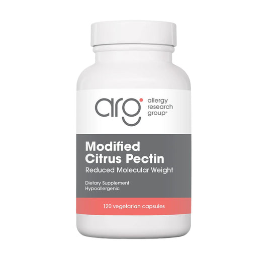 Allergy Research Group Nutricology Modified Citrus Pectin bottle front showing compact capsules for gut support.