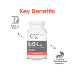 Modified Citrus Pectin label closeup illustrating reduced molecular weight for better absorption.
